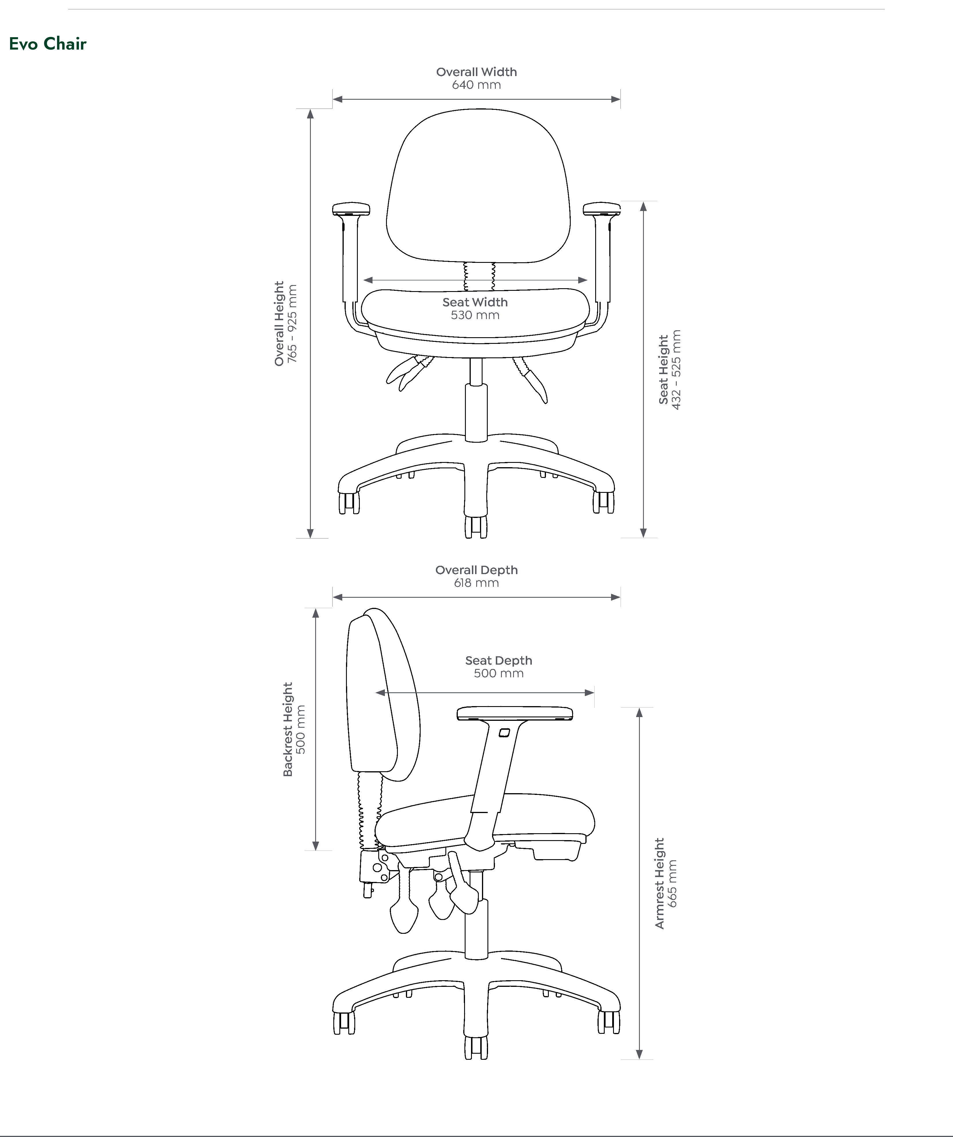 Evo Task Chair dimensioned front and side views