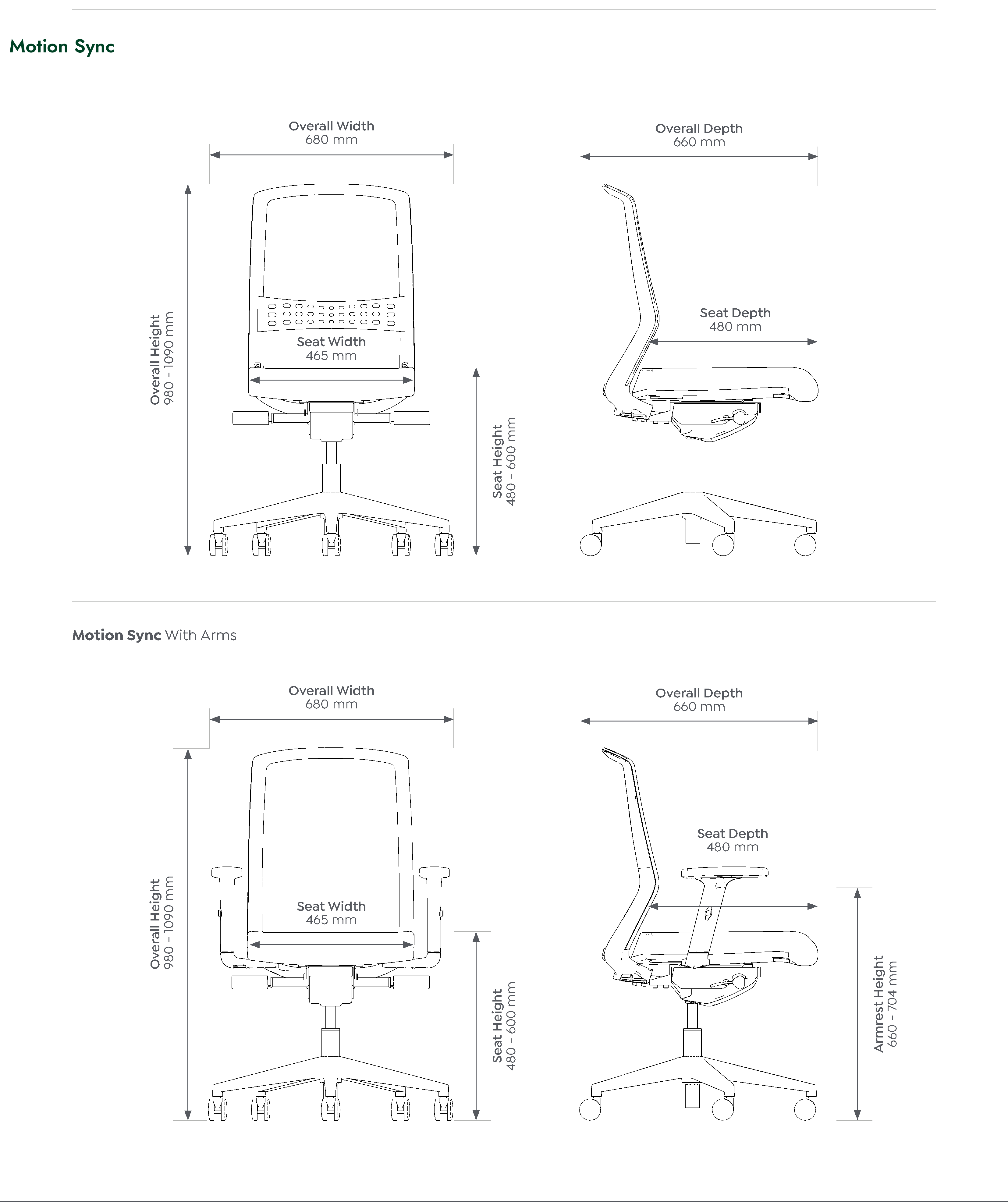 Motion Sync Task Chair dimensioned front and side views