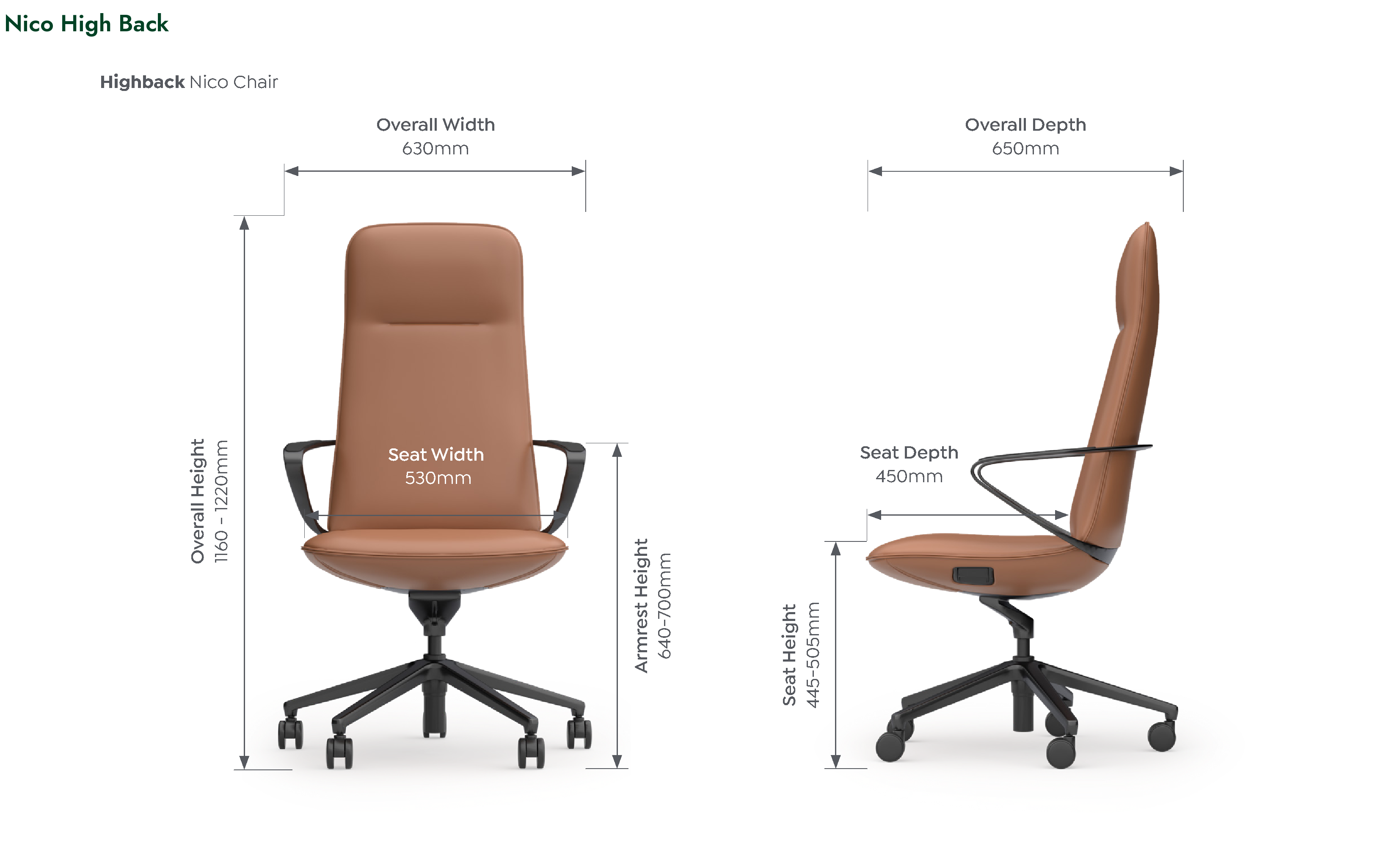 Nico Executive Chair dimensioned front and side views