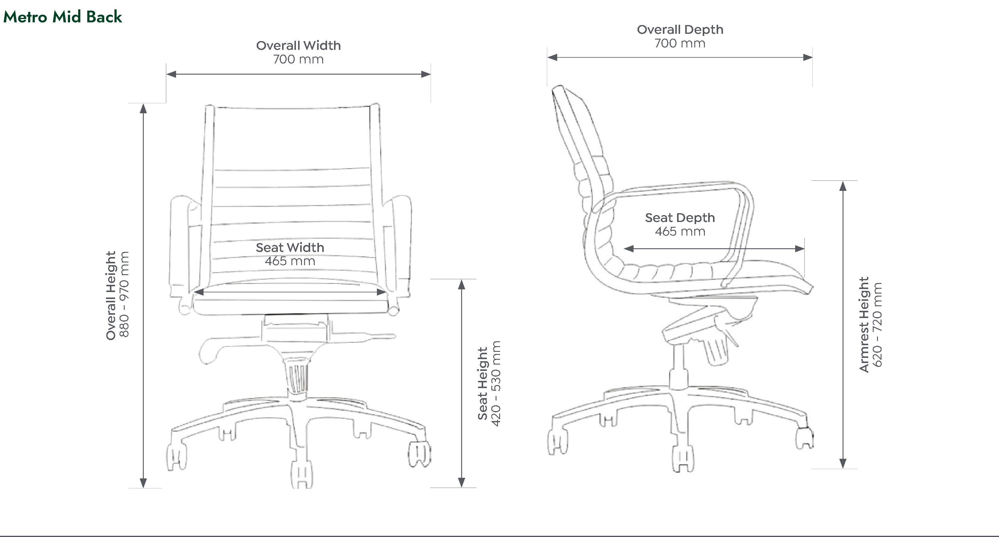 Metro Executive Chair dimensioned front and side views