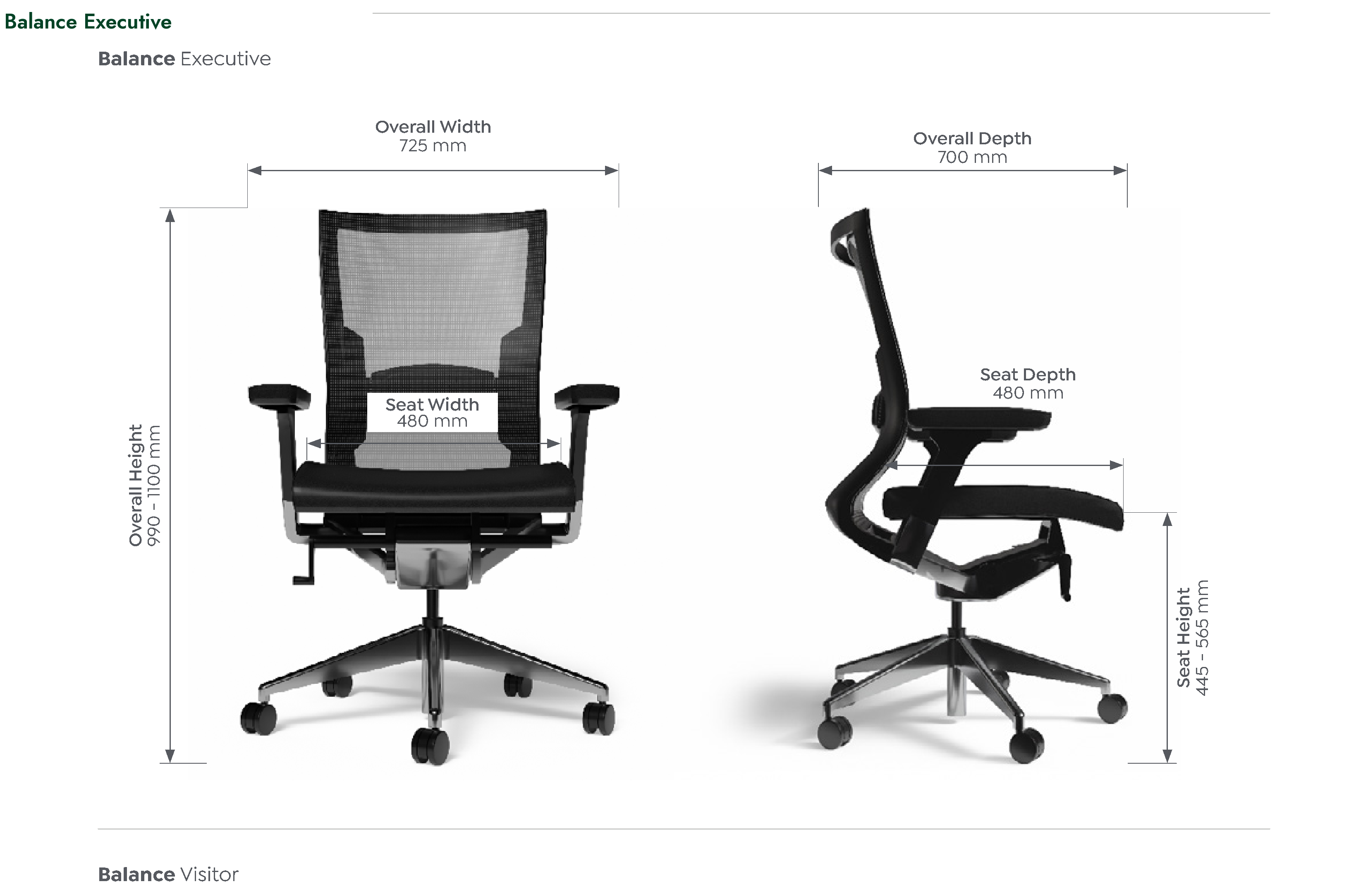 Balance Executive Chair dimensioned front and side views