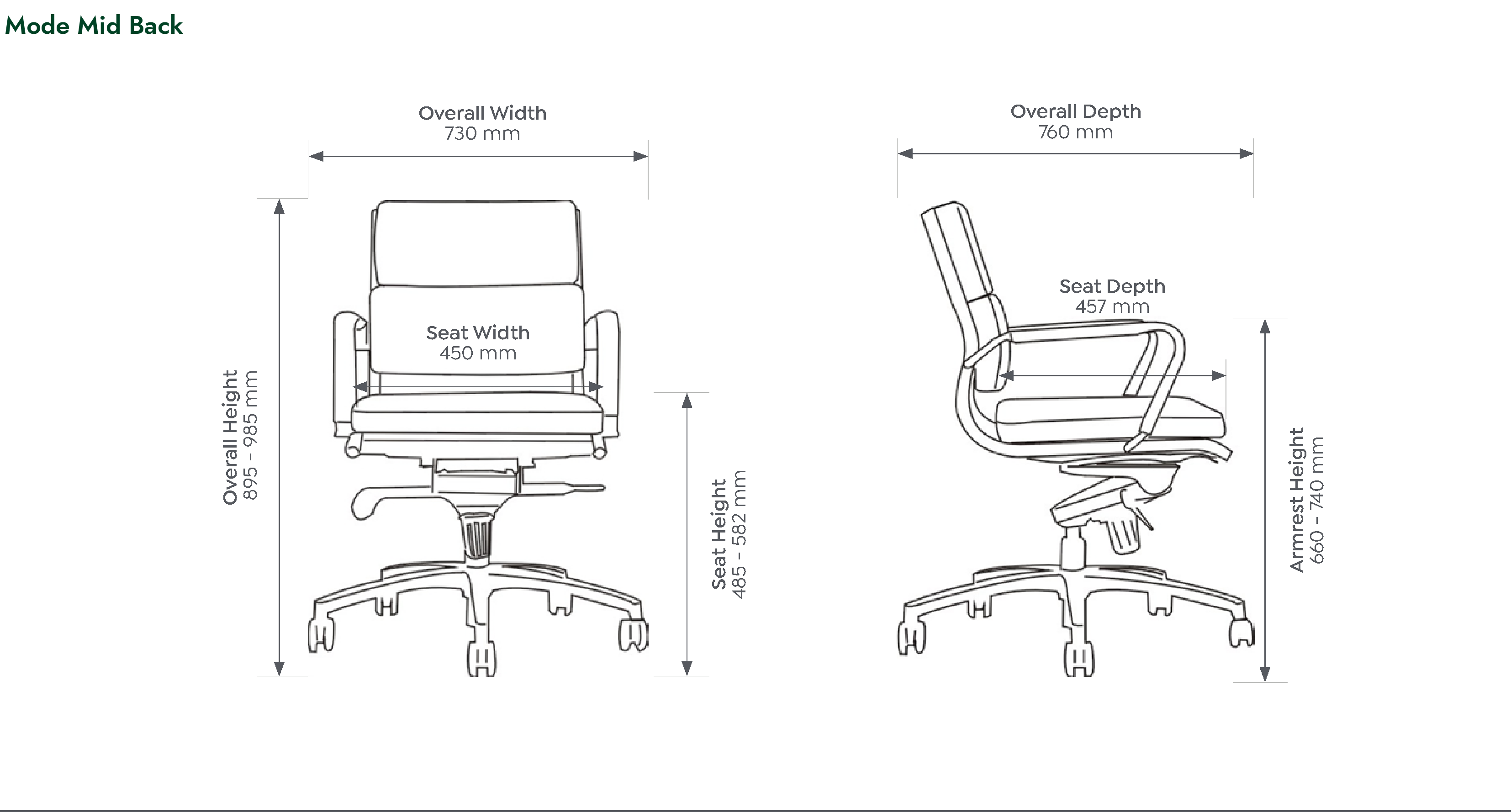 Mode Executive Chair dimensioned front and side views