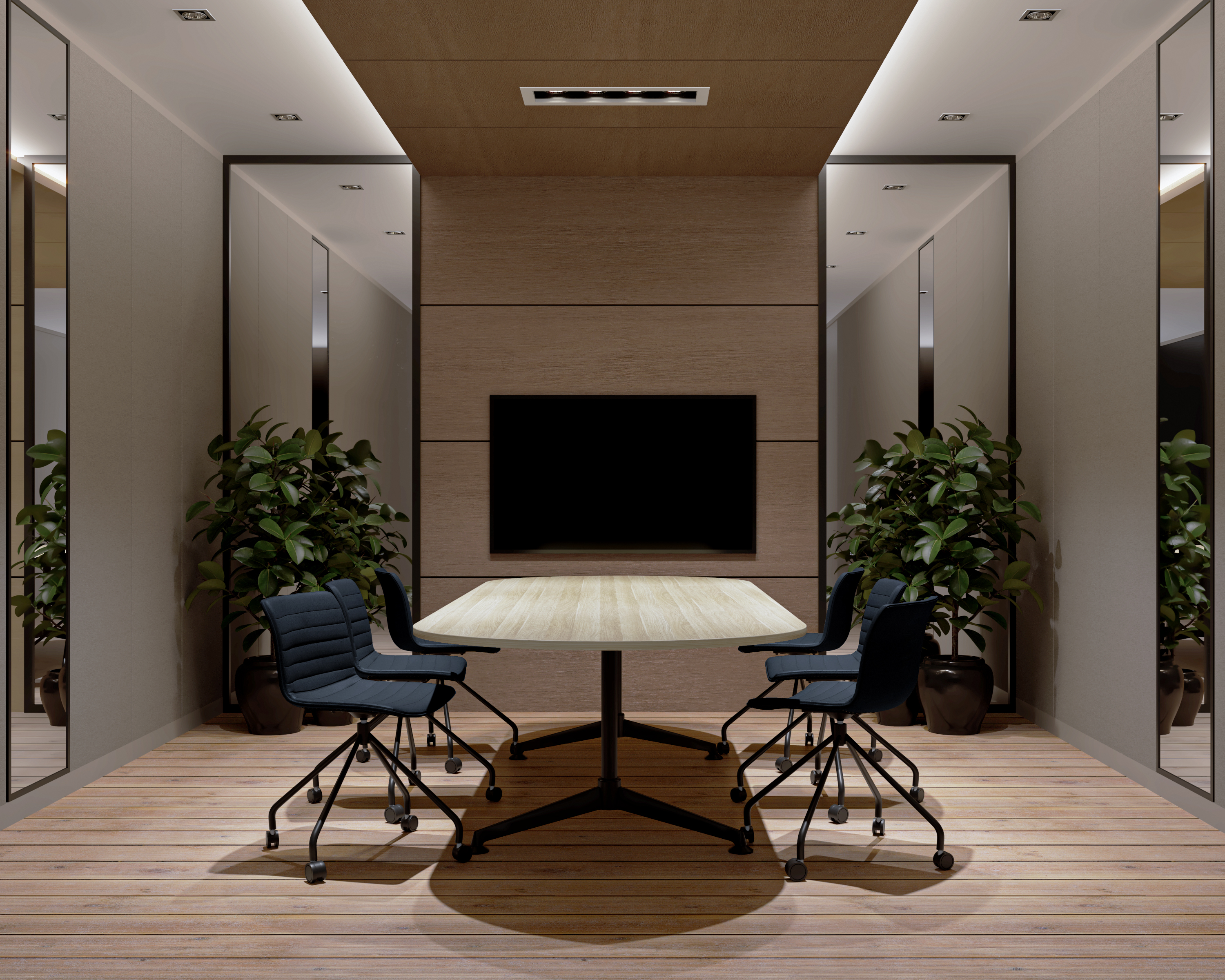 Meeting table and chairs in a fitted commercial boardroom
