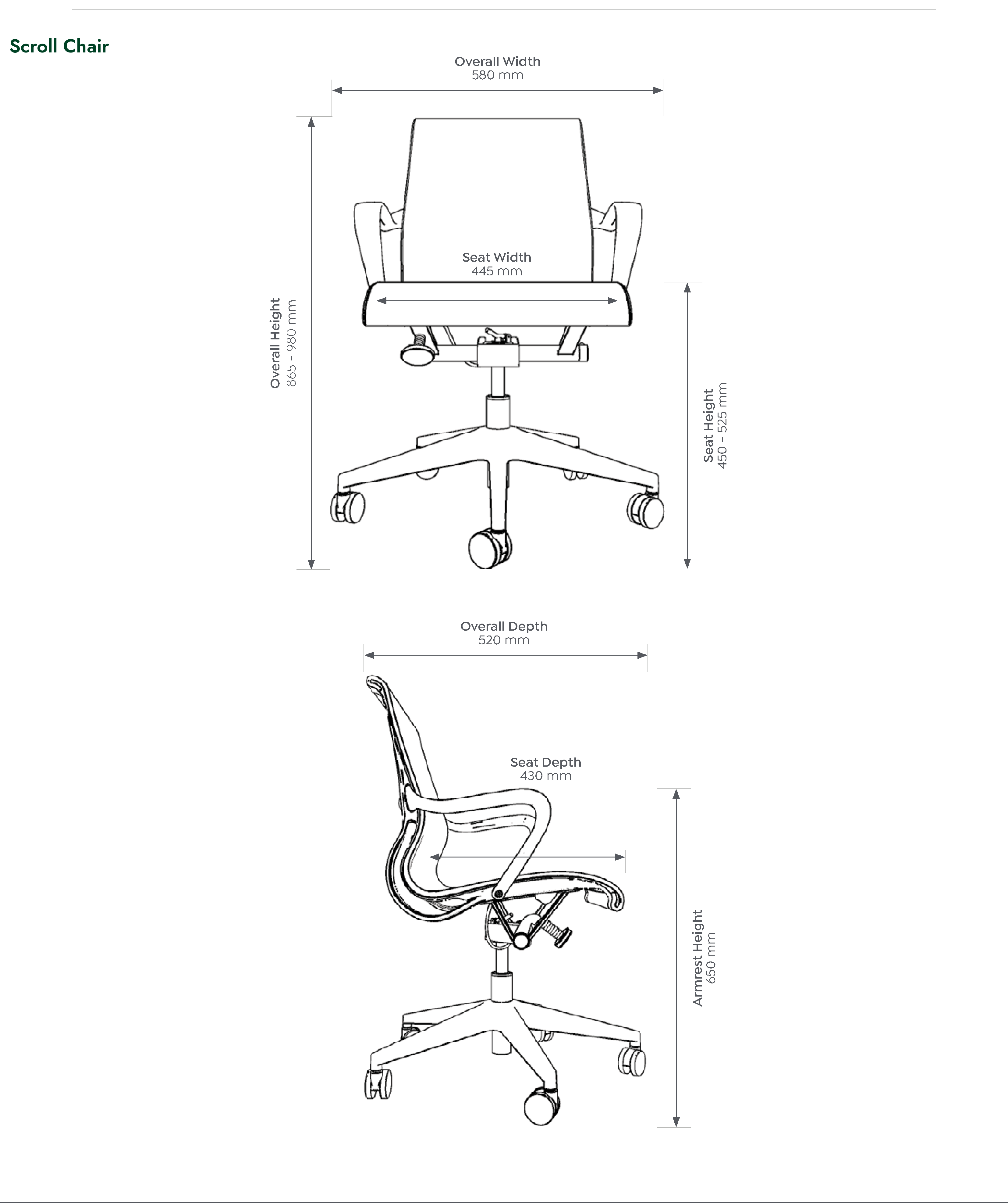Scroll Boardroom Chair dimensioned front and side views