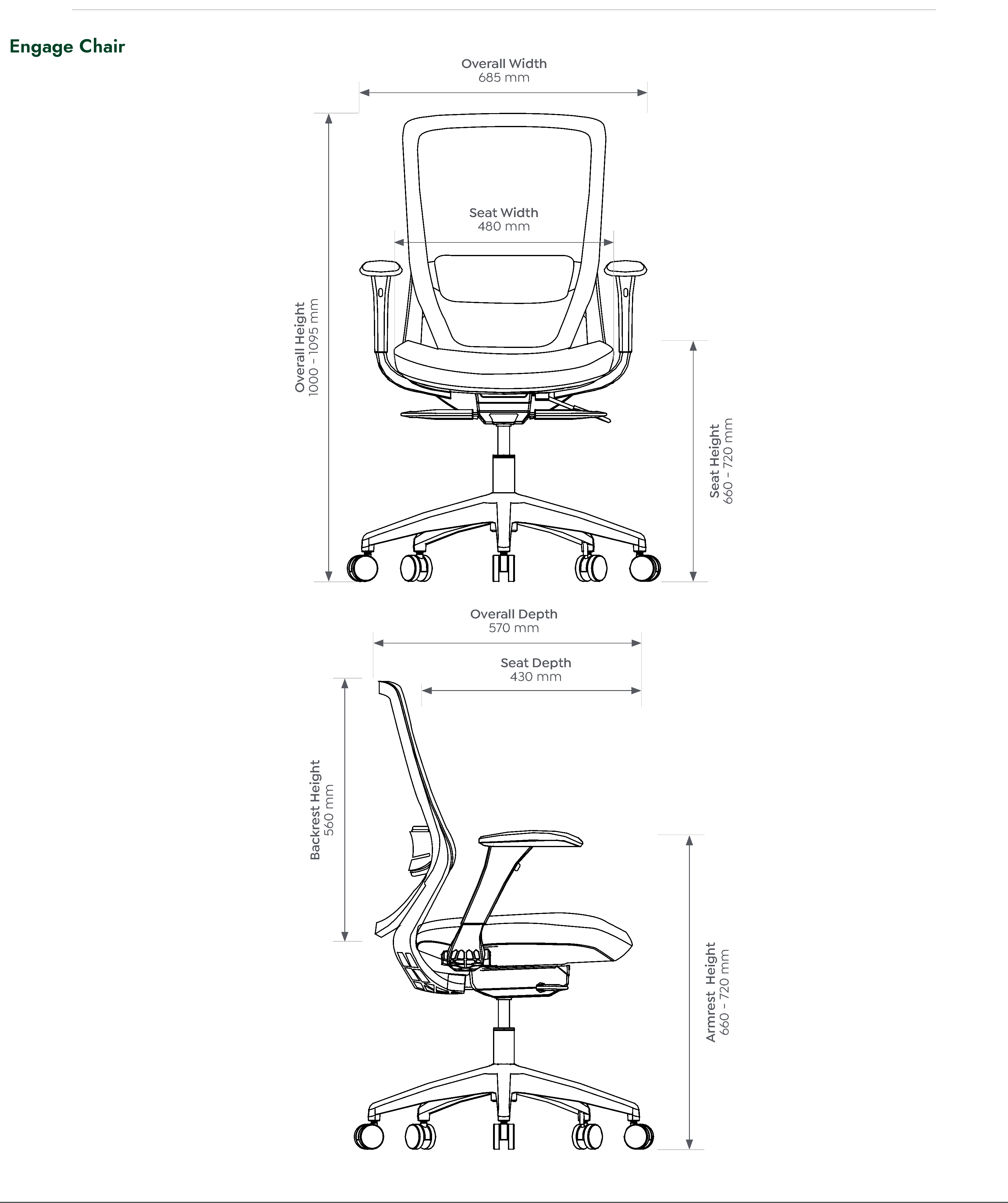 Engage Task Chair dimensioned front and side views