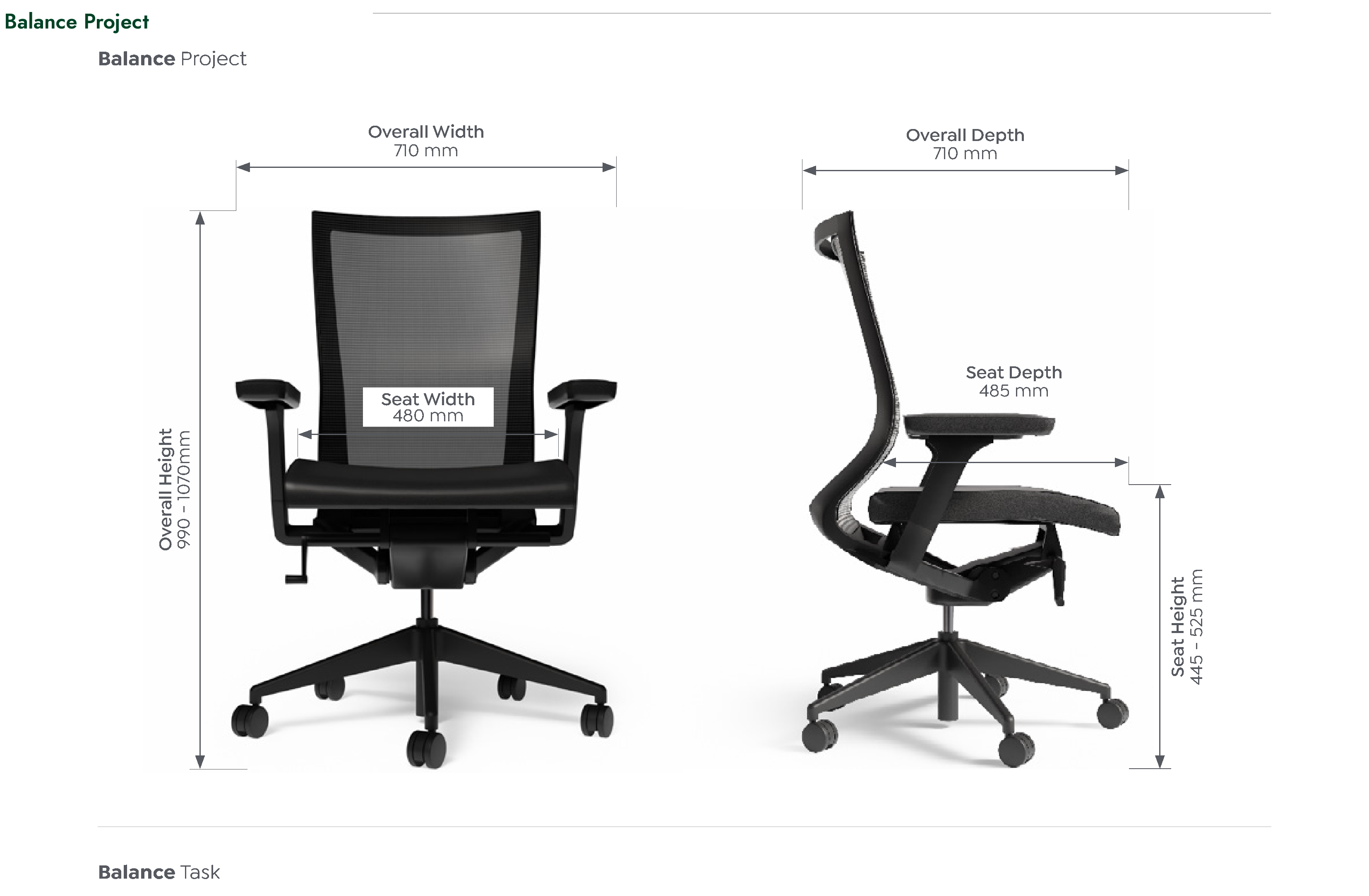 Balance Project Chair dimensioned front and side views