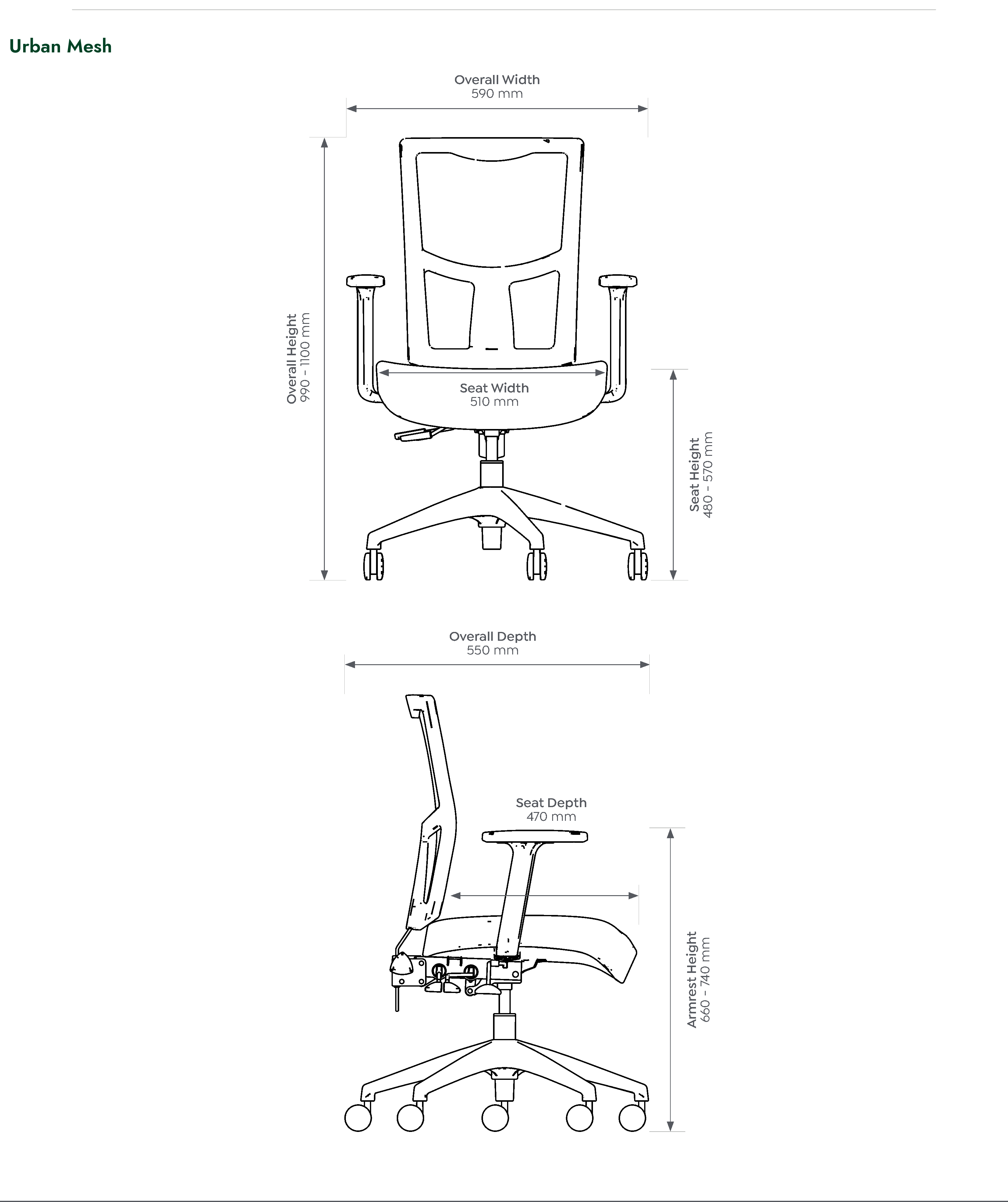 Urban Mesh Task Chair dimensioned front and side views