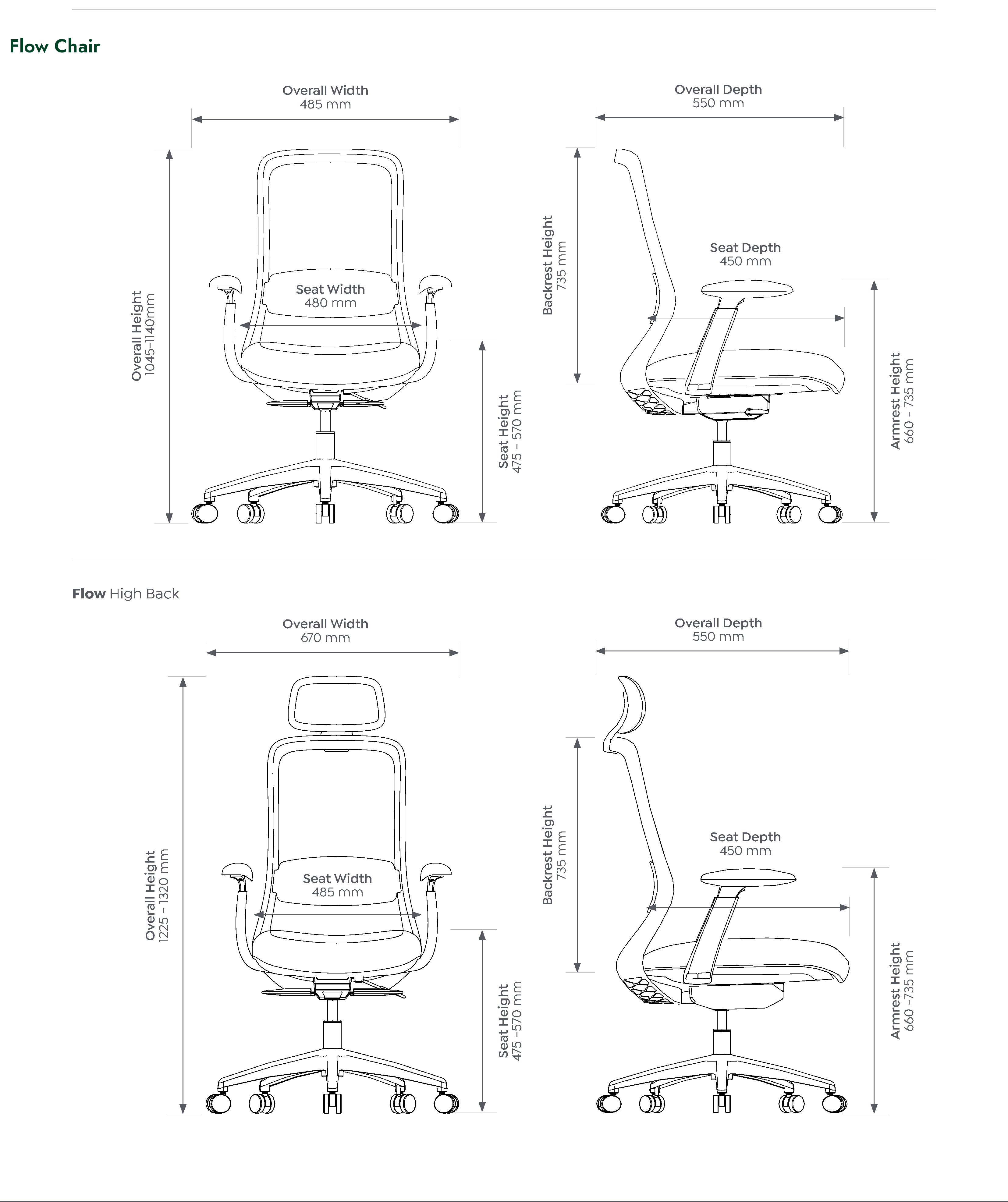 Flow Task Chair dimensioned front and side views