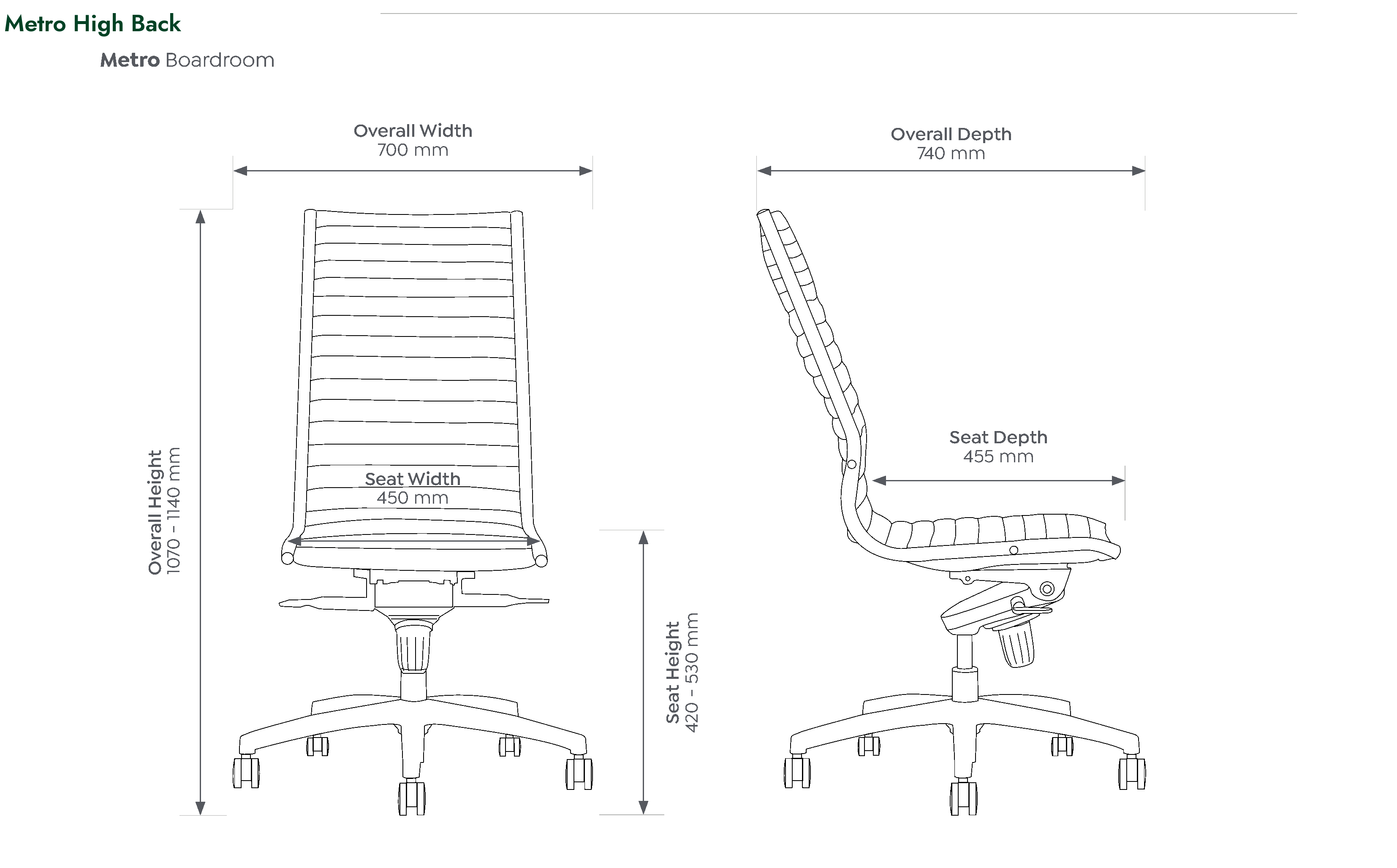 Metro Executive Chair dimensioned front and side views