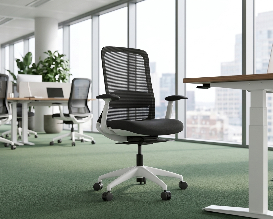 Mesh task chair in a fitted commercial office with height-adjustable desks