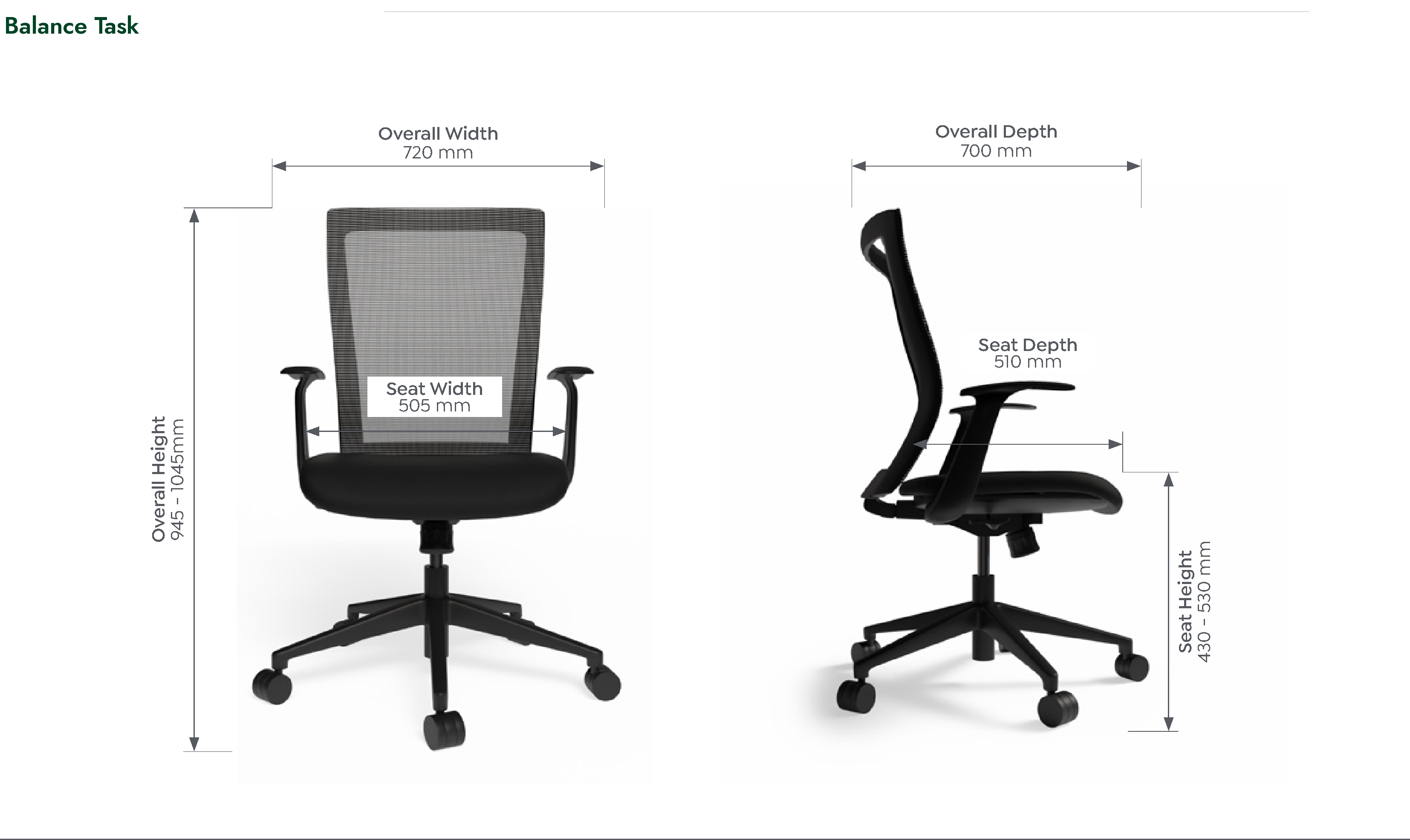 Balance Task Chair dimensioned front and side views
