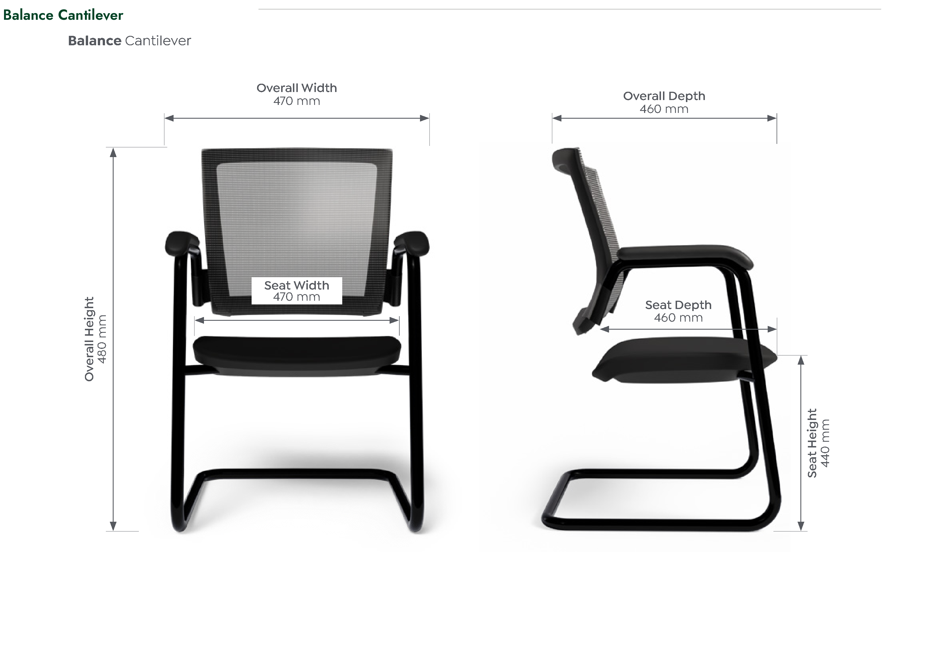 Balance Cantilever Chair dimensioned front and side views