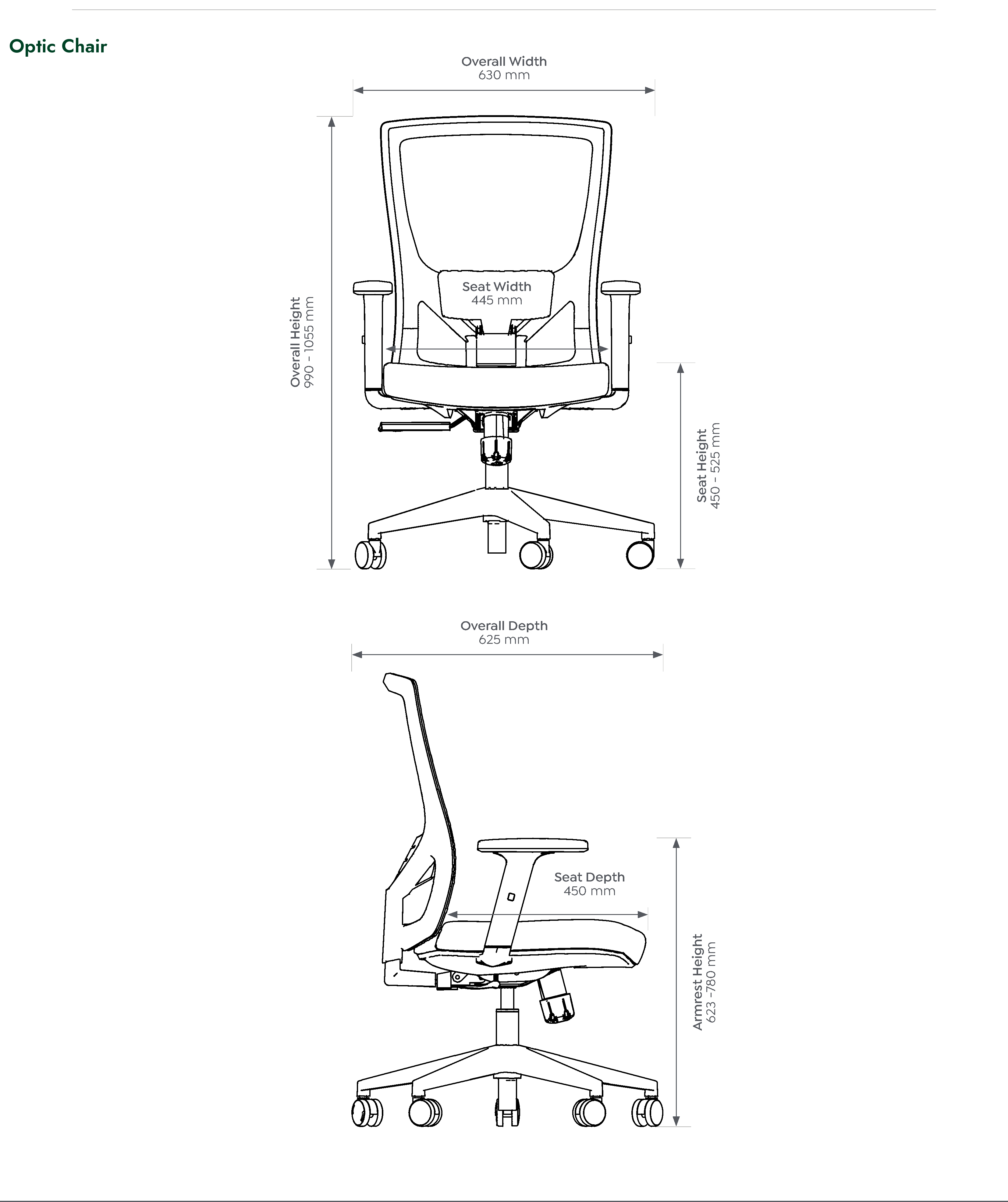 Optic Task Chair dimensioned front and side views