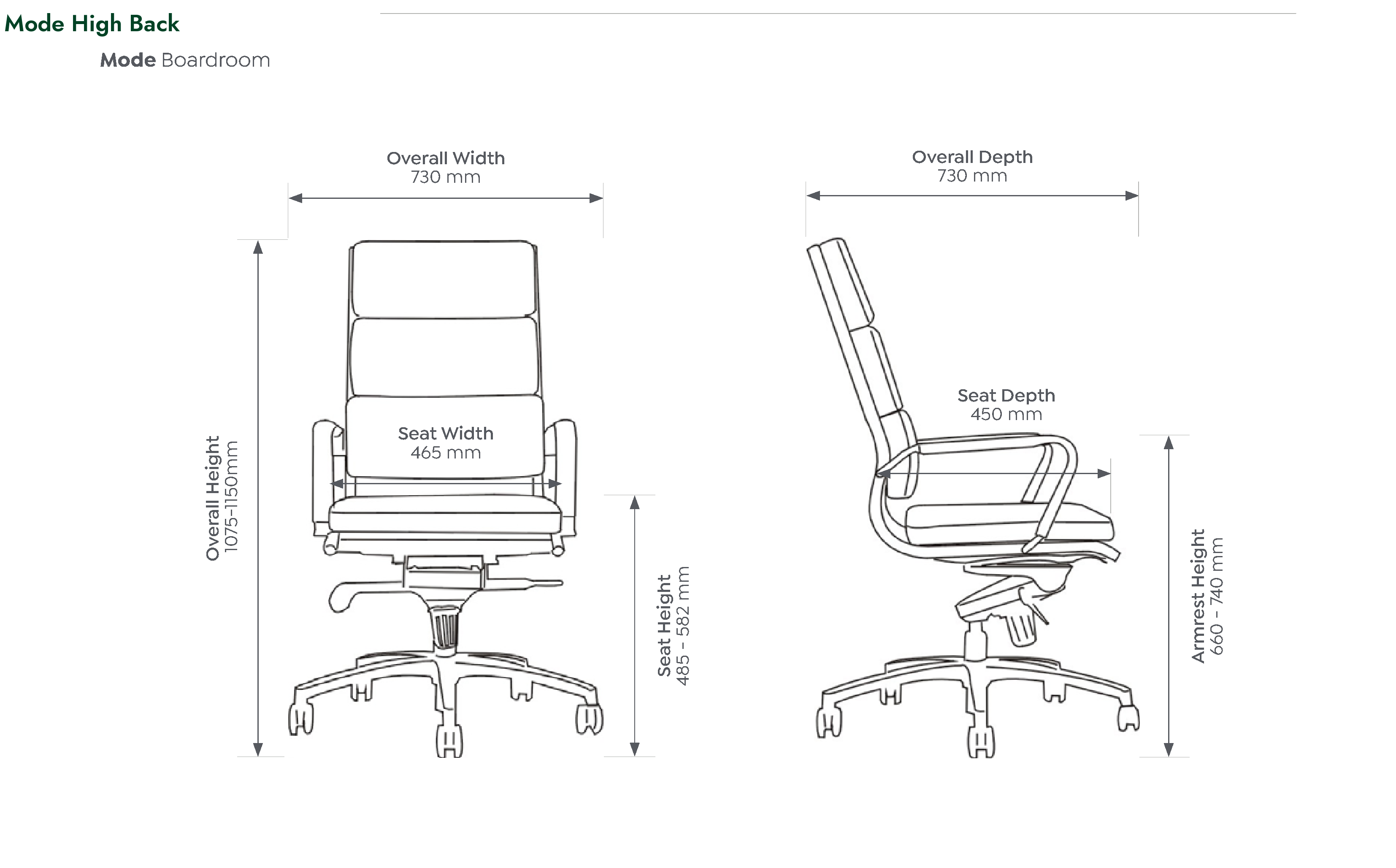 Mode Executive Chair dimensioned front and side views