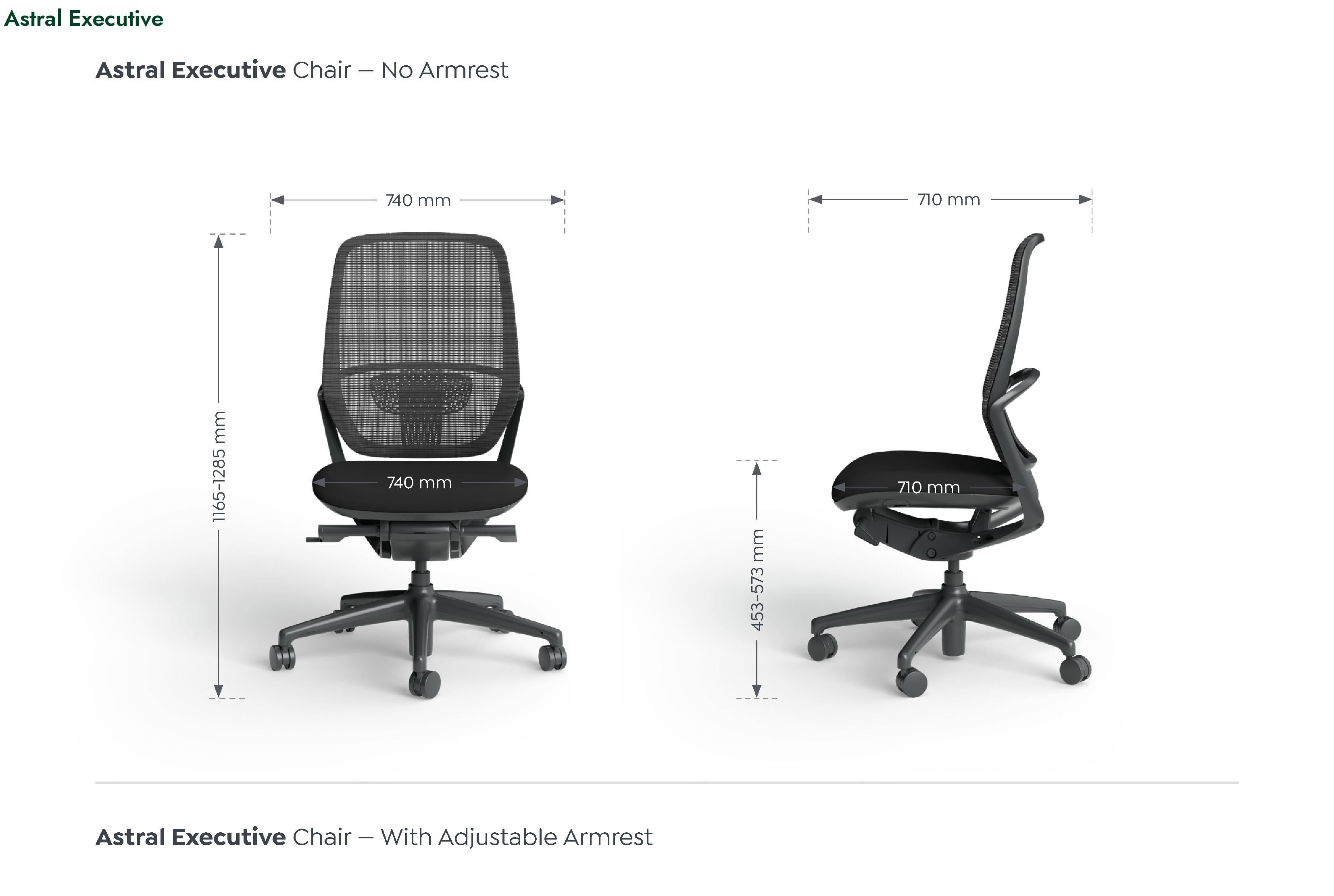 Astral Executive Task Chair dimensioned front and side views