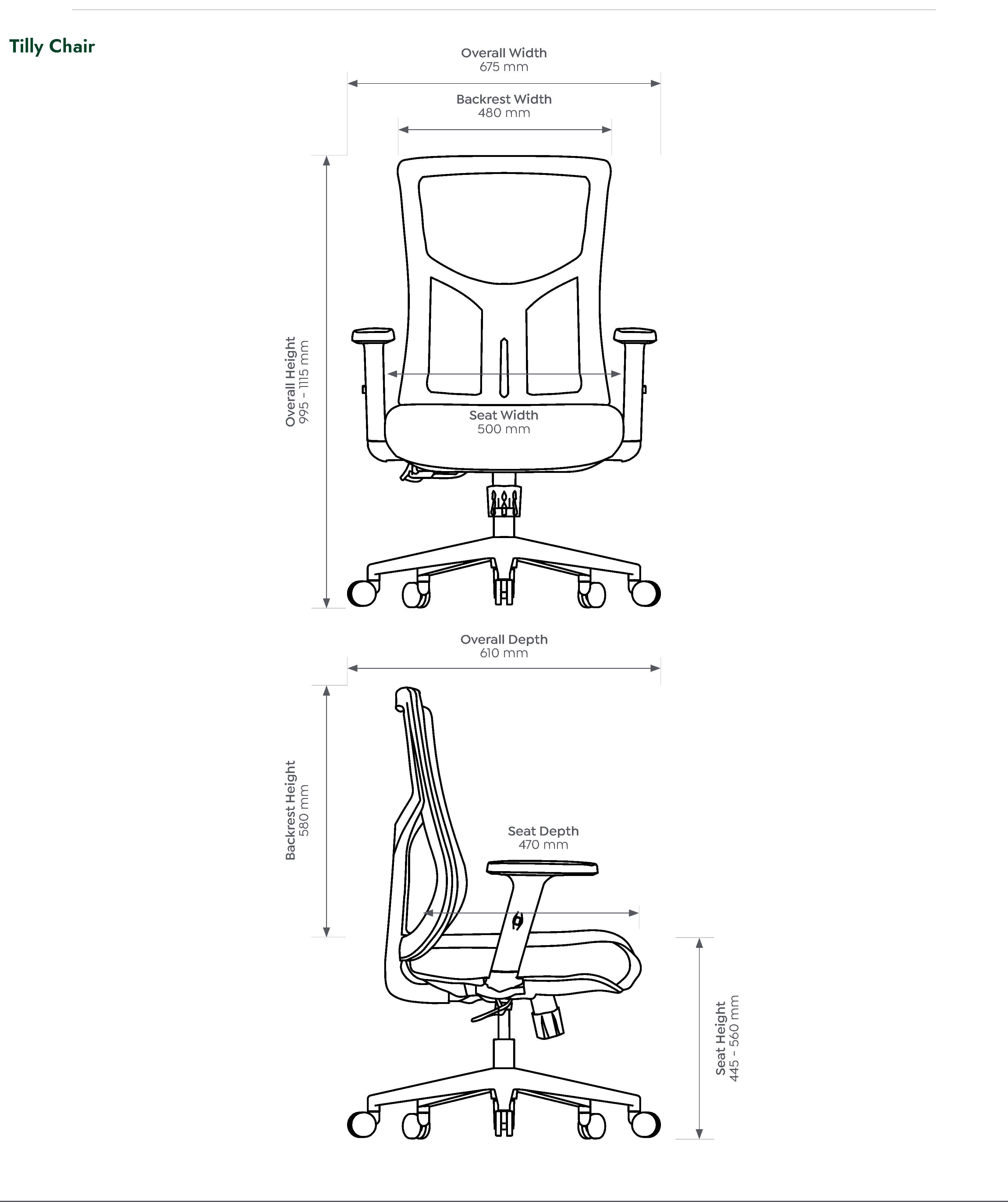Tilly Task Chair dimensioned front and side views
