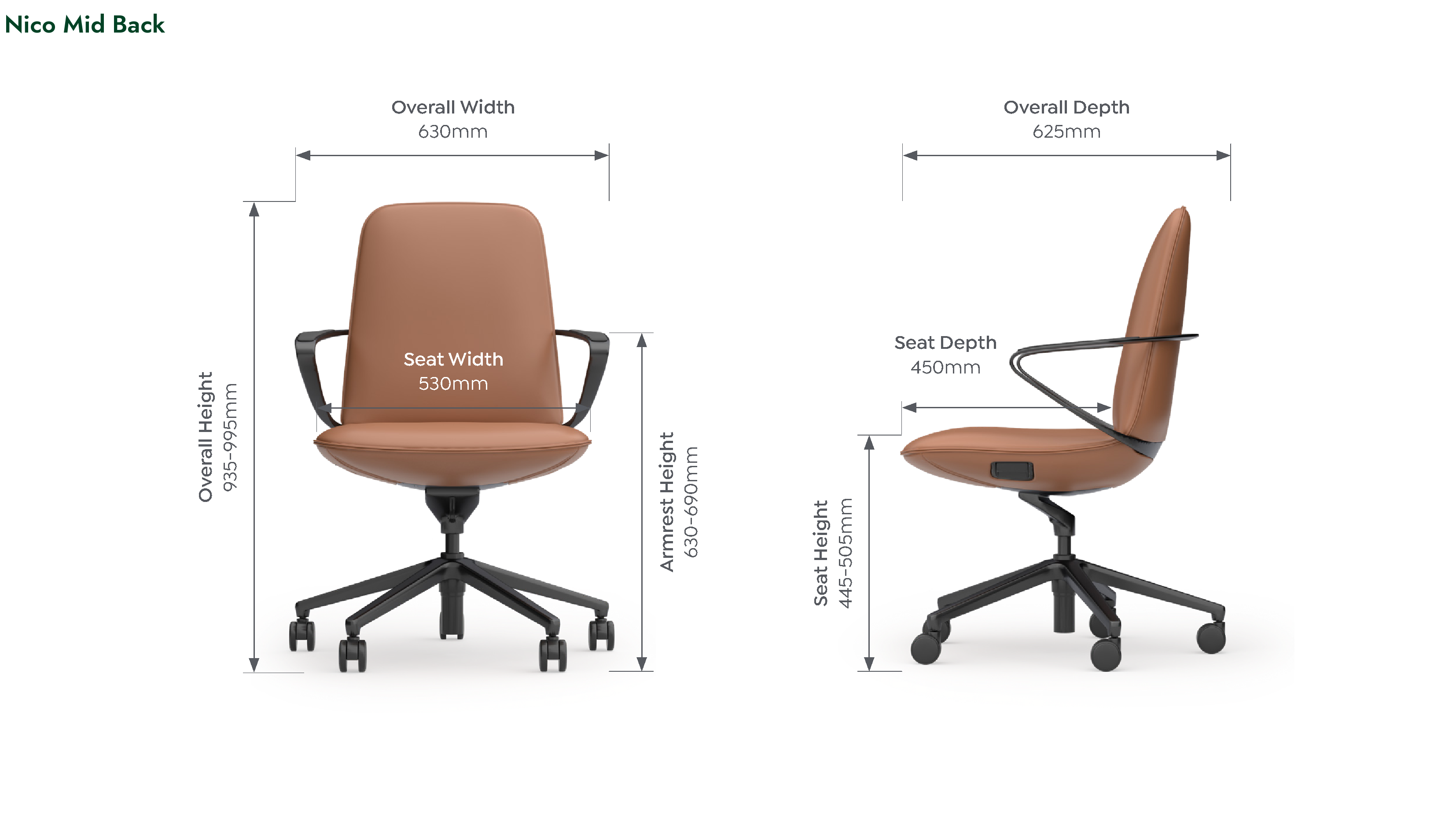 Nico Executive Chair dimensioned front and side views