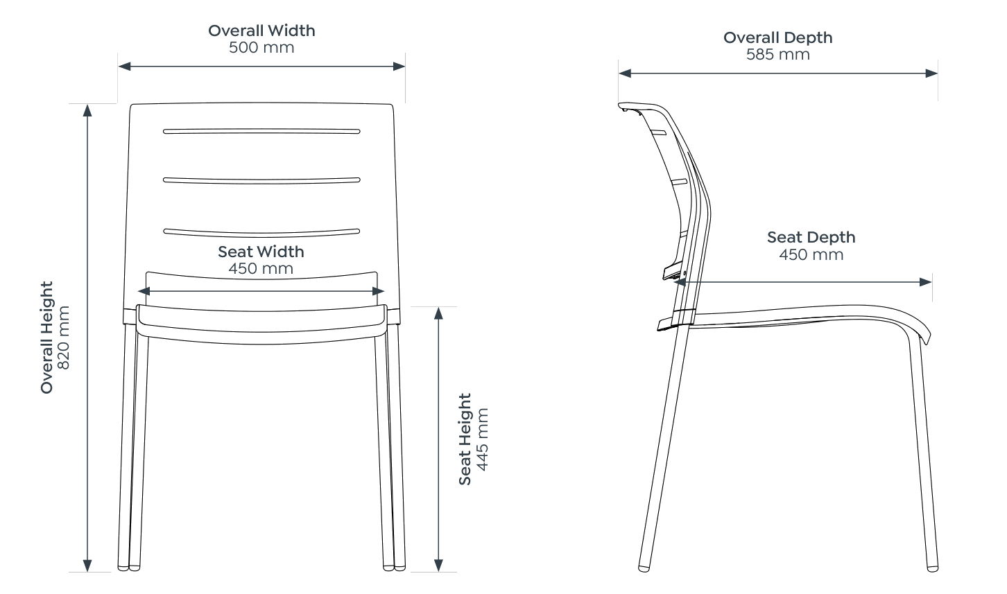 Game Stacking Chair dimensioned front and side views