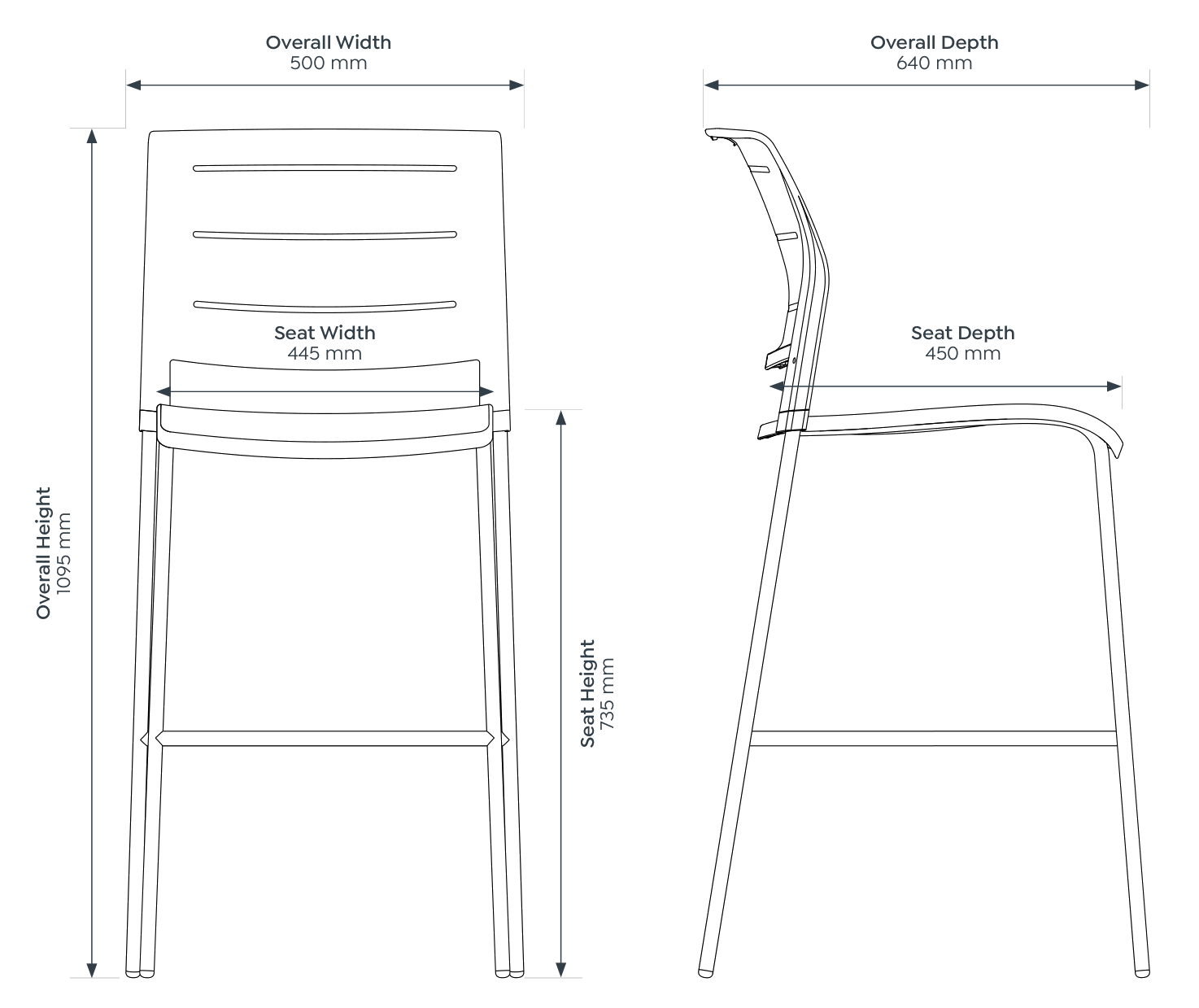 Game Barstool dimensioned front and side views