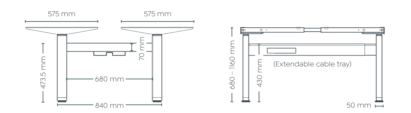 Klass Electric 2-User Double-Sided Workstation dimensioned line drawing