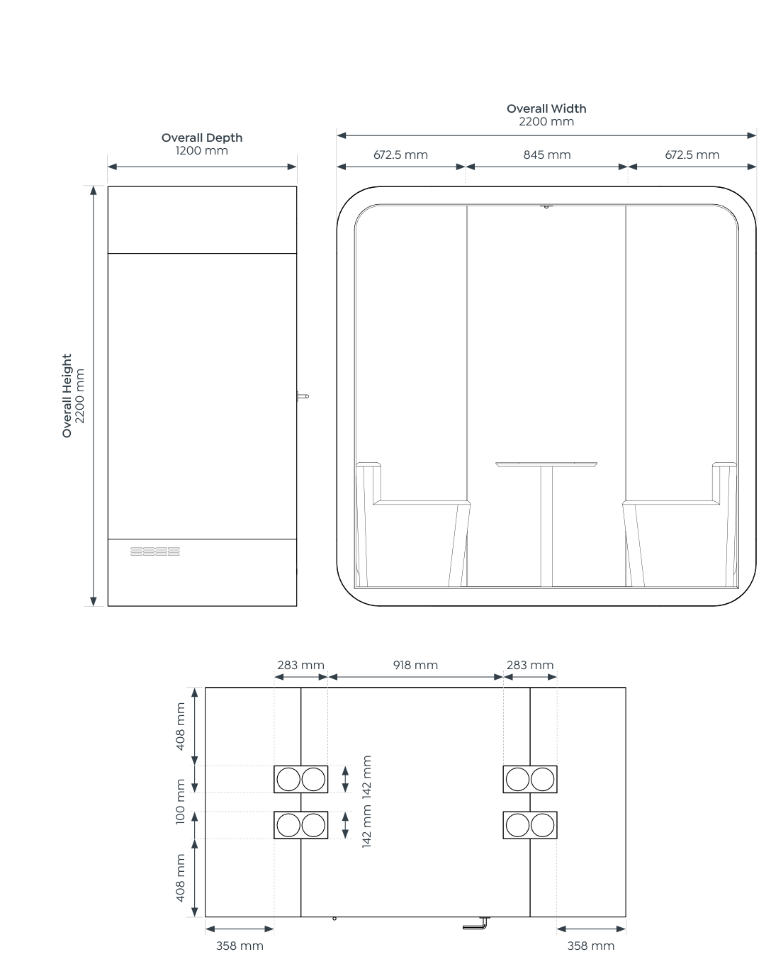 SpacePod 2-Person dimensioned drawing