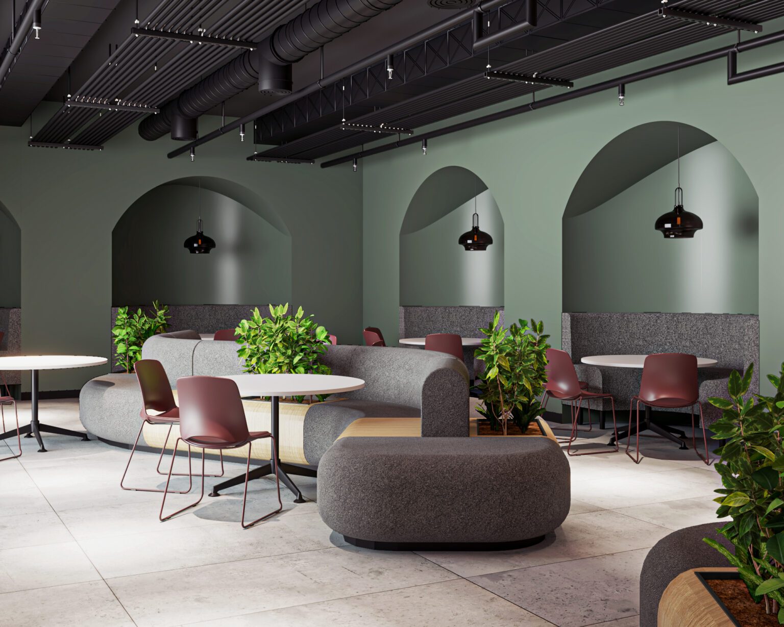 Breakout lounge setting with soft seating in a commercial workspace