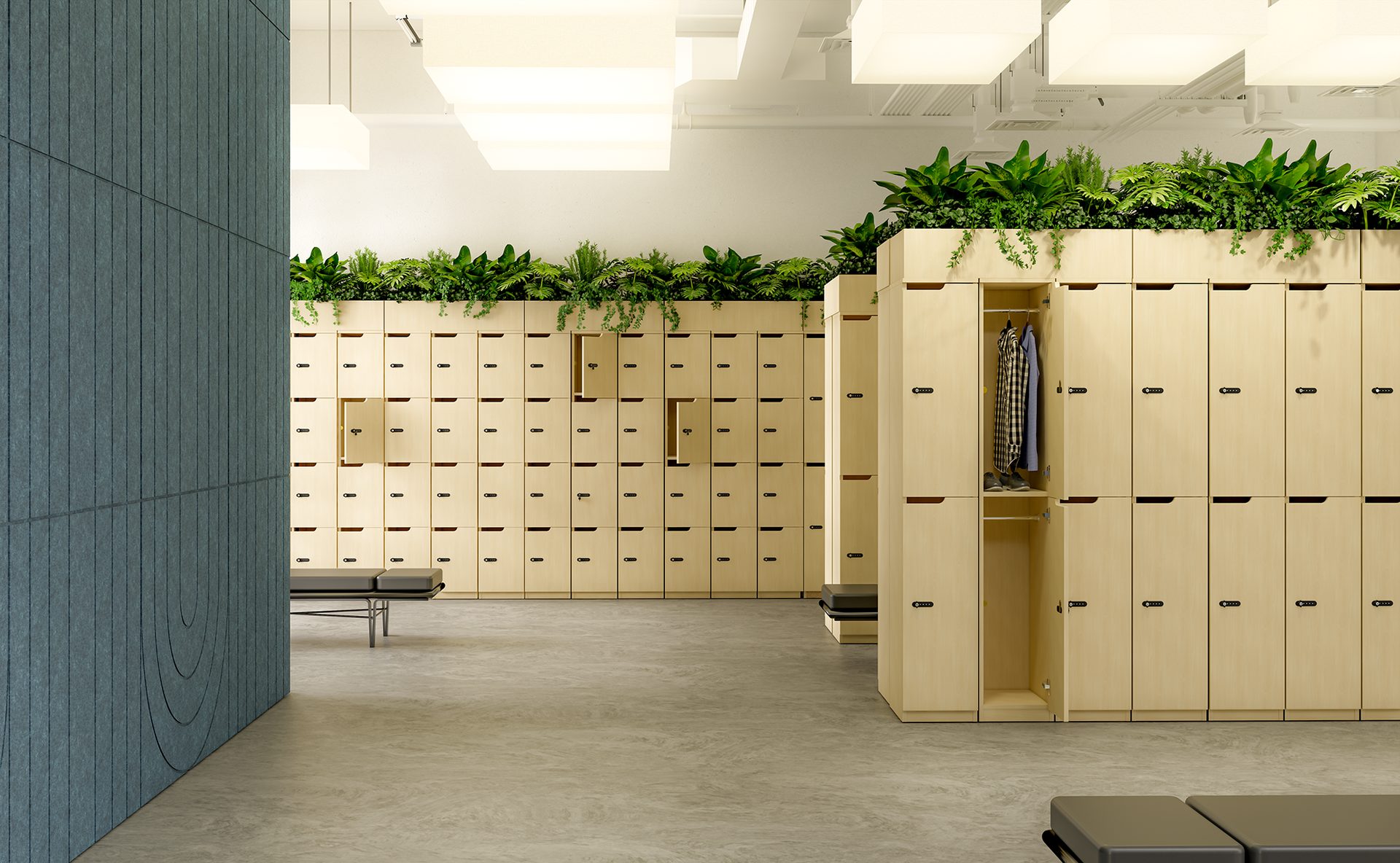 Bank of workplace lockers in an open-plan commercial office