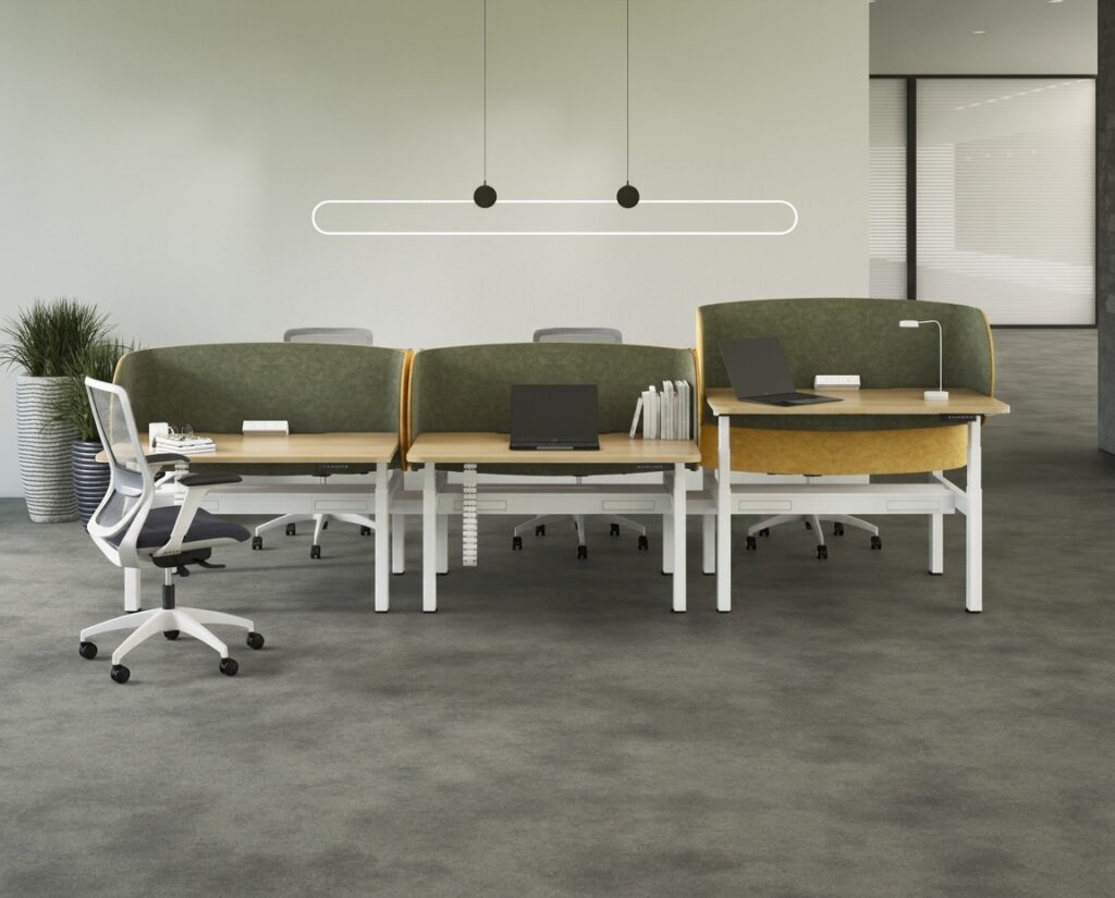 Office workstations with curved privacy screens