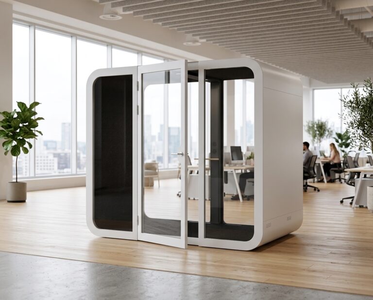 Enclosed four-person meeting pod in an open-plan office